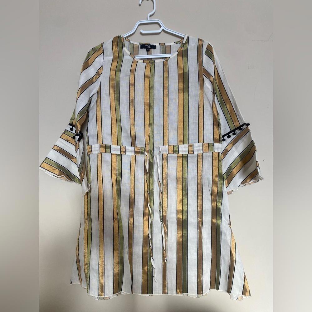 Coastal Boho Chic TYLI Striped Gold White Tunic Dress Summer Vacation Vibes